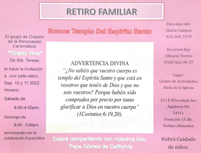 Retiro Familiar "Somos Templo Del Espiritu Santo" St. Therese/Green